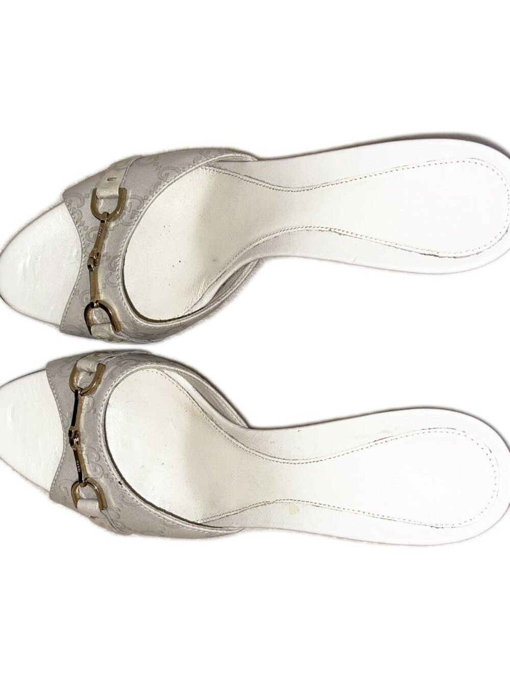 Gucci Guccissima Leather Horsebit Peep Toe Mule Heel White 39.5 US 9.5